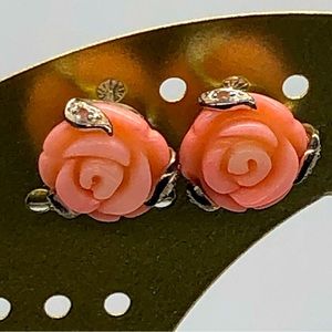 Genuine Natural Carved Coral Sterling Silver earrings